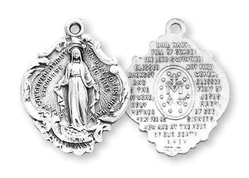 1 1/16" Sterling silver Baroque Miraculous Medal Pendant. Back side of medal has the Hail Mary Prayer. Baroque Miraculous Medal comes on a 24" genuine rhodium plated endless curb chain. Dimensions: 1.1" x 0.8" (27mm x 21mm). Deluxe velvet gift box included. Made in the USA.