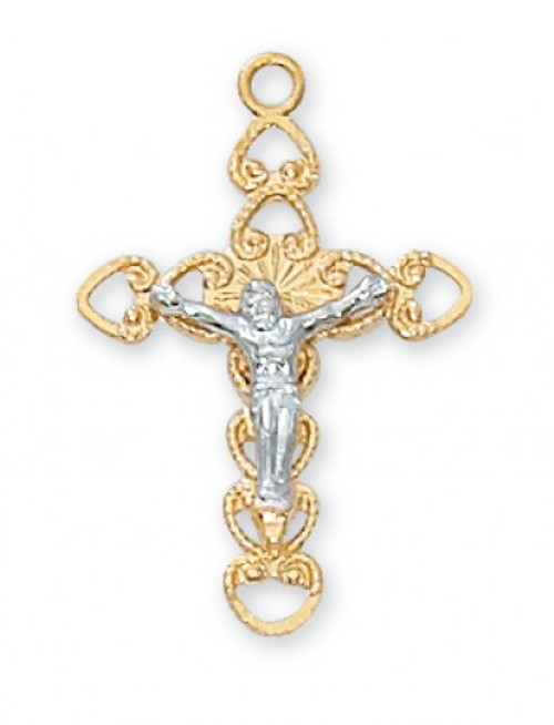 7/8" Gold over Sterling Silver Two Tone Crucifix. This Two Tone Gold over Sterling Silver Crucifix comes on an 18" Rhodium plated chain. The Crucifix comes in a deluxe gift box.