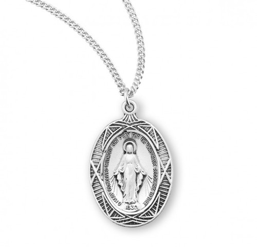 Sterling Silver Oval Lattice-Design Miraculous Medal - 18" Chain