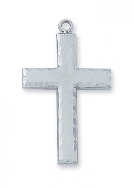 1 1/4" Sterling Silver or Gold over Sterling Cross with scalloped edges. 24" Rhodium Plated Chain. Deluxe Gift Box Included
