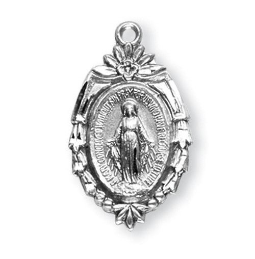 1" Miraculous Medal with an 18" Chain. Medal is sterling silver with genuine rhodium-plated, stainless steel chain. Comes ins a Deluxe velour gift box
