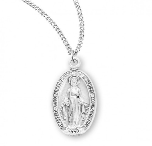 Sterling Silver Oval Beveled Miraculous Medal - 18" Chain