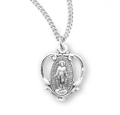Sterling Silver or Gold-over Sterling Silver Pierced Heart-Shaped Miraculous Medal - 18" Chain