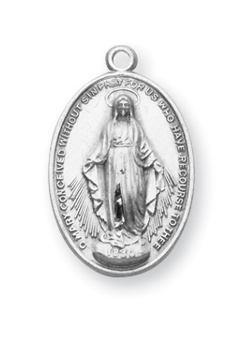Miraculous Medal in Sterling Silver Made in the USA. The 3/4" sterling silver traditional design miraculous medal with high polished relief , a raised border and lettering is adorned with fine detailed Blessed Mother. 