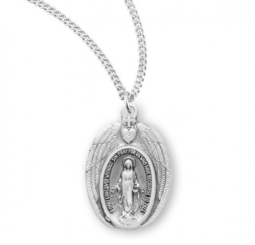 Sterling Silver Oval Miraculous Medal with Angel Wings Border - 18" Chain