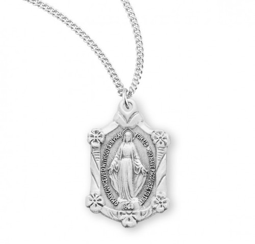 Sterling Silver Miraculous Medal with Flower Border - 18" Chain