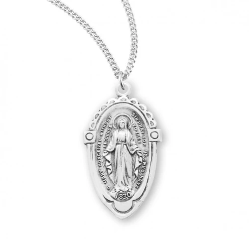 Sterling Silver Oval Fancy-Edge Miraculous Medal - 18" Chain