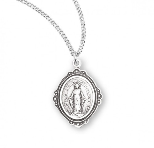 Sterling Silver Fancy-Edge Oval Miraculous Medal - 18" Chain