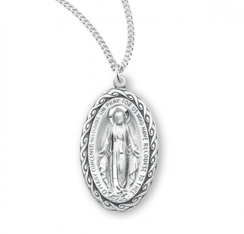 Sterling Silver Oval Miraculous Medal with Roped Edge - 18" Chain