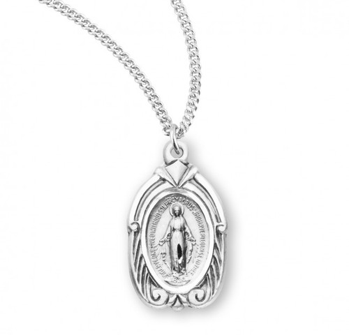 Sterling Silver Fancy Miraculous Medal with Linear Border - 18" Chain