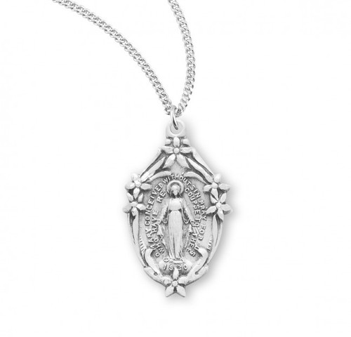 Sterling Silver Small Oval Miraculous Medal with Flowers - 18" Chain