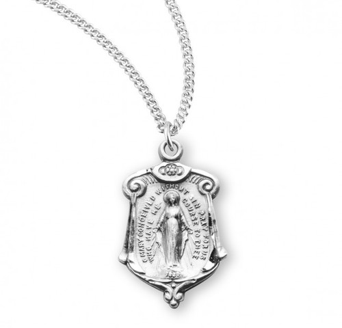 Sterling Silver Scroll-Top Oval Miraculous Medal - 18" Chain