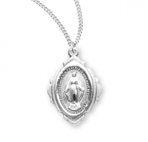 Sterling Silver Oval Shield Border Miraculous Medal - 18" Chain
