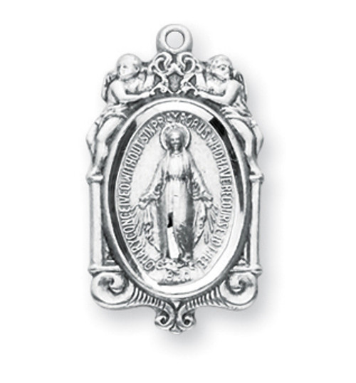 7/8" Miraculous Medal is sterling silver with genuine rhodium-plated, 18" stainless steel chain. Deluxe velour gift box Included.