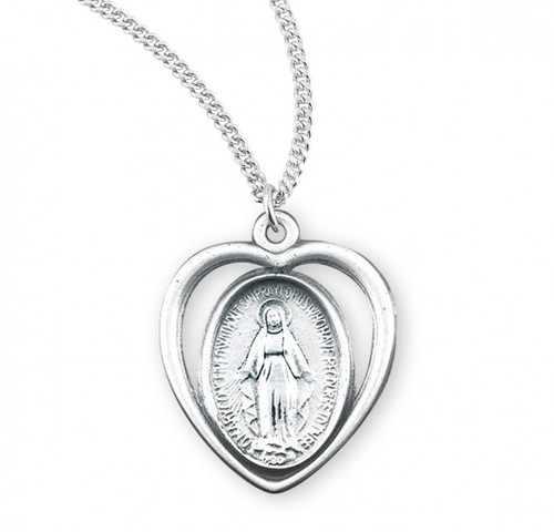 Sterling Silver Pierced Heart Miraculous Medal - 18" Chain