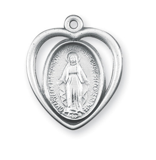 Sterling Silver Miraculous Medal inside Heart.  Miraculous Medal pendant comes on an 18" genuine rhodium plated curb chain.  The medal is a solid .925 sterling silver. Dimensions: 0.8" x 0.7" (21mm x 18mm).   Made in USA.  Deluxe velvet gift box is included.  