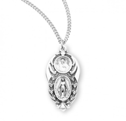 Sterling Silver Oval Miraculous Medal with Scapular Combination Medal - 18" Chain