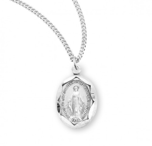 Sterling Silver Oval Miraculous Medal with Scalloped Edges - 18" Chain