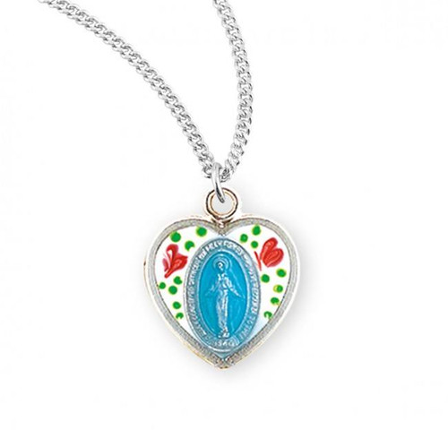 Sterling Silver Flower Enameled Heart Shaped Miraculous Medal - 18" Chain