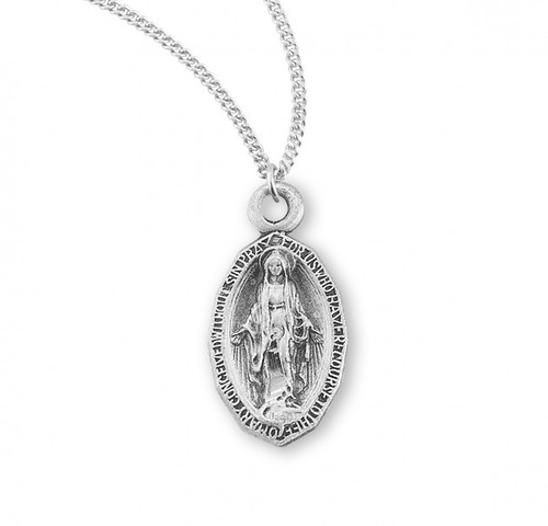 Sterling Silver Tiny Pointed Oval Miraculous Medal - 13" Chain