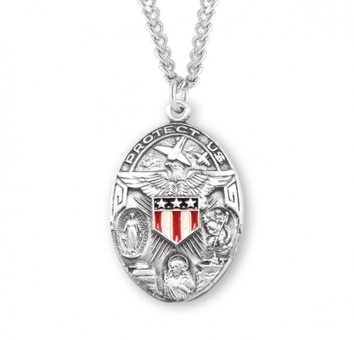Sterling Silver Oval Enameled Military 3-Way Combination Medal - 24" Chain