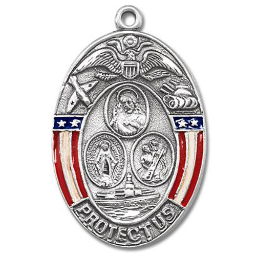 13/16" 3-Way Military Medal with a 24" Chain. Medal is all sterling silver with a genuine rhodium-plated, stainless steel chain. The medal features a red, white, and blue epoxy embellishments on the front, along with images of the Miraculous medal, Sacred Heart medal and St. Christopher. On the reverse side is St. Michael the Archangel and Blessed Mother images along with a space for a name to be engraved. Deluxe velour gift box. 