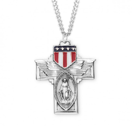 Sterling Silver Military Shield Miraculous Medal with Cross Pendant - 24" Chain 