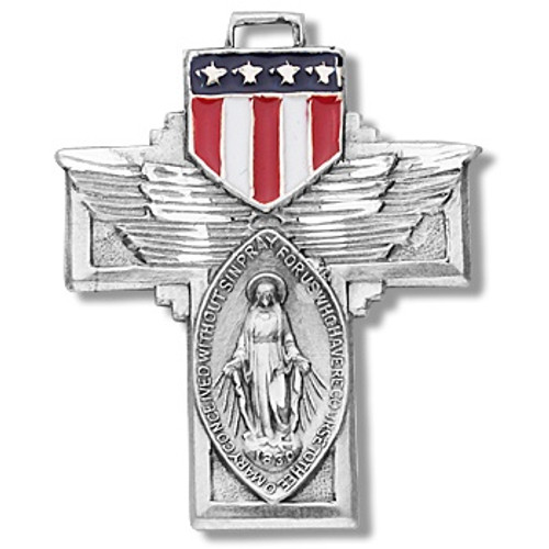 1 1/8" Military Miraculous Medal. Medal comes on a  24" Genuine rhodium plated endless curb chain. The medal features a red, white, and blue epoxy U.S. military shield. Metal comes in a deluxe velour gift box