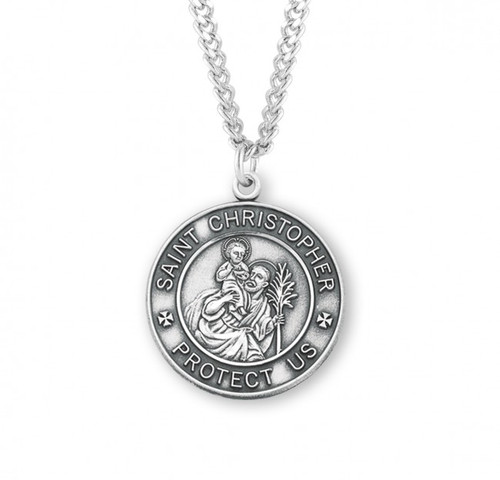 Sterling Silver Round St. Christopher Military Medal - 24" Chain