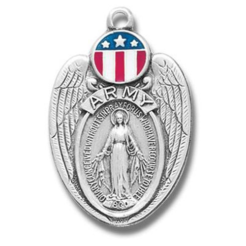 Army red, white, and blue, enameled Miraculous medal-pendant.   Solid .925 sterling silver Army red, white, and blue, enameled Miraculous medal-pendant comes with a 24" genuine rhodium plated endless curb chain. The medal features red white and blue epoxy embellishments. Deluxe velour gift box is included. Dimensions: 1.2" x 0.8" (31mm x 20mm). Weight of medal: 6.1 Grams. Made in USA..