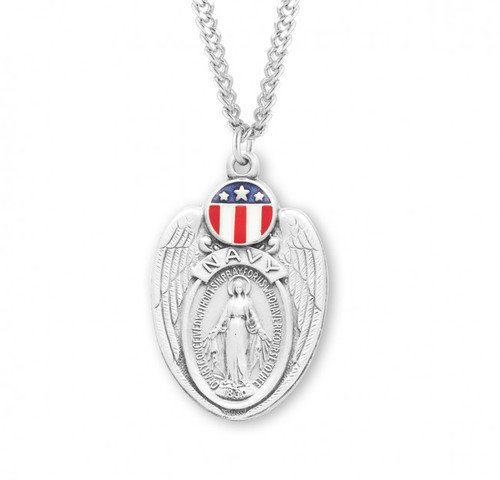 Sterling Silver Navy Red, White, & Blue Shield Miraculous Medal - 24" Chain