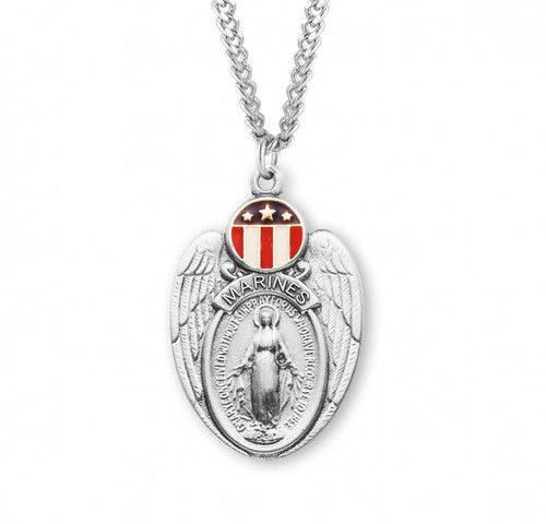 Sterling Silver Marines Shield Red, White & Blue Miraculous Medal - 24" Chain