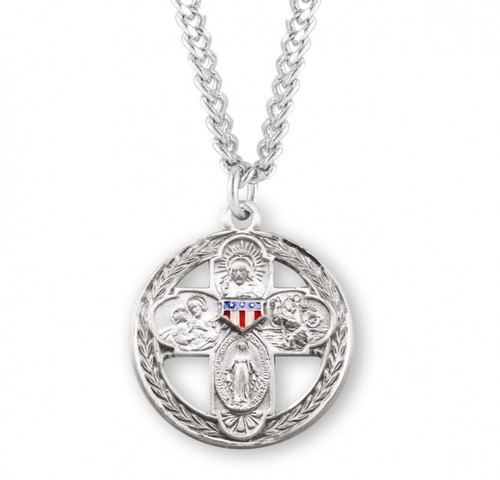 Sterling Silver Large Round Red, White, & Blue Shield 4-Way Cross Pendant - 24" Chain