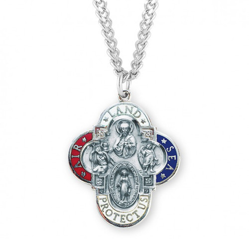Sterling Silver Enameled Air, Land, and Sea Military 4-Way Medal - 24" Chain