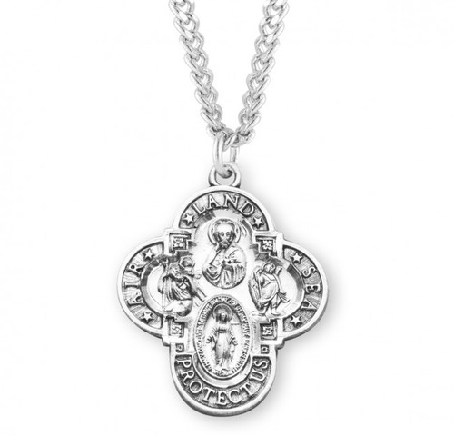 Sterling Silver Air, Land, & Sea 4-Way Military Combination Medal - 24" Chain