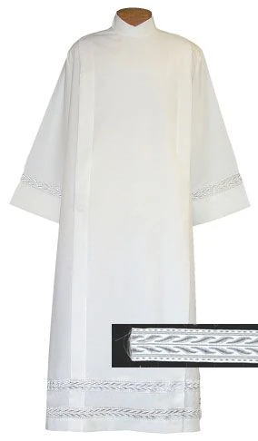 Front Wrap Alb with Silver Embroidered Bands – Poly/Wool Blend