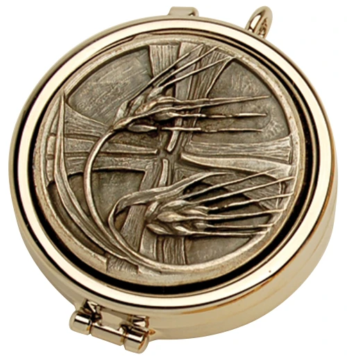 Nickel-Plated Pyx with Wheat & Cross Design