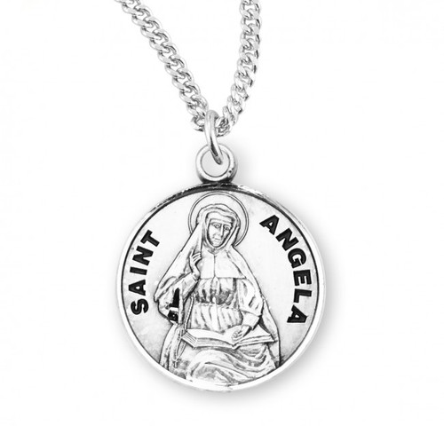 Sterling Silver Round St. Angela Medal - 18" Chain