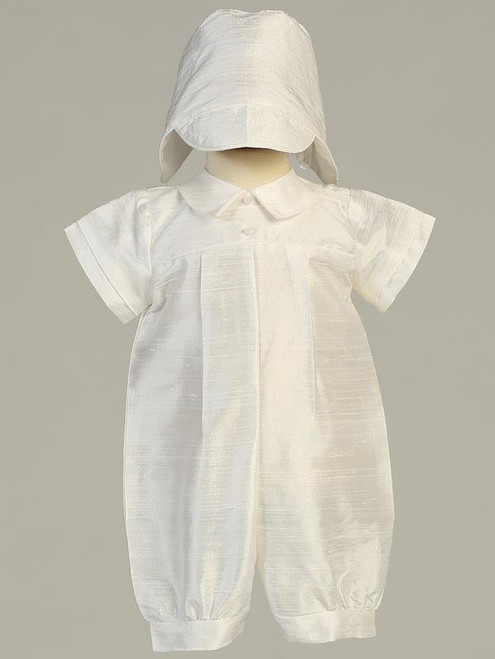 2 piece silk romper christening outfit with pleated front. Sizes : 0-3m, 3-6m, 6-12m, 12-18m.  Made In USA