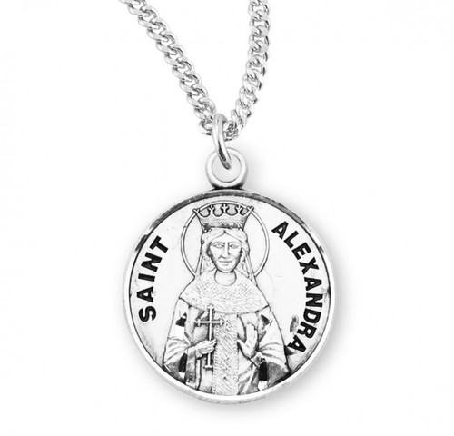 Round 7/8" Sterling Silver St. Alexandra Medal. St Alexandra medal comes on an 18" genuine rhodium plated fine curb chain.  St Alexandra medal presents in a deluxe velour gift box. Made in the USA. Engraving option available. 

