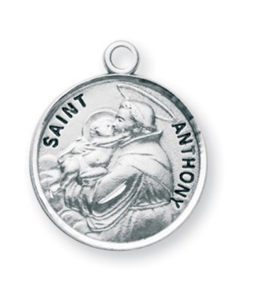 Round St. Anthony w/20" Chain - Boxed. The medal is sterling silver with a genuine rhodium-plated, stainless steel chain in a deluxe velour gift box.  Made in the USA. Engraving Option Available