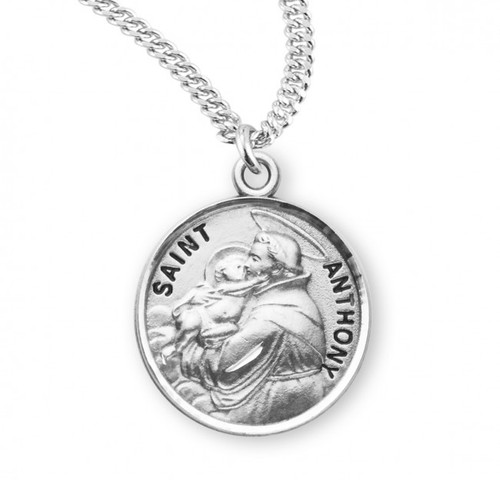 Round St. Anthony w/20" Chain - Boxed. The medal is sterling silver with a genuine rhodium-plated, stainless steel chain in a deluxe velour gift box.  Made in the USA. Engraving Option Available