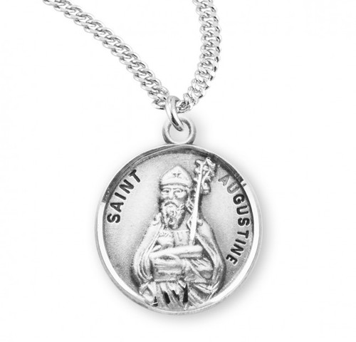 Round 7/8" St. Augustine w/20" Chain - Sterling Silver medal comes with a 20" genuine rhodium-plated curbl chain and presents in a deluxe velour gift box. Made in the USA. Engraving Option Available  