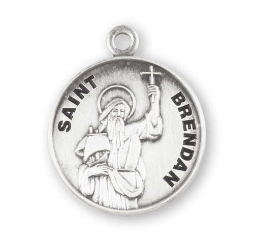 Round St. Brendan w/20" Chain-sterling silver St Brendan medal comes with a 20" genuine rhodium plated curb chain. A deluxe velour gift box is included. Dimensions: 0.9" x 0.7"(22mm x 18mm).  Engraving Option Available