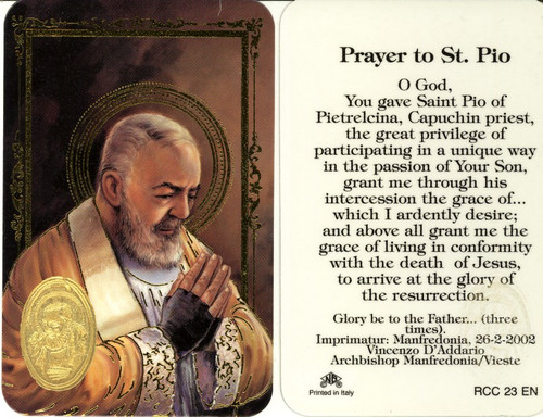 Laminated prayer card with gold foil embossed medal design on card. Prayer on reverse side. Approximately 2 1/4 x 3 1/4 inches. Printed in Italy