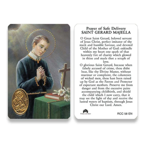 St. Gerard Majella Gold Embossed Medal Holy Card - Prayer for Safe Delivery