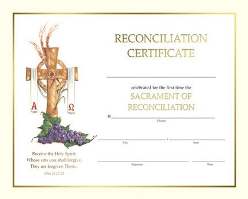 Pre-printed Certificates of Reconciliation, Spiritual Collection
8" x 10" Reconciliation Certificates ~ pre-printed certificates. 50 certificates per box. 

 