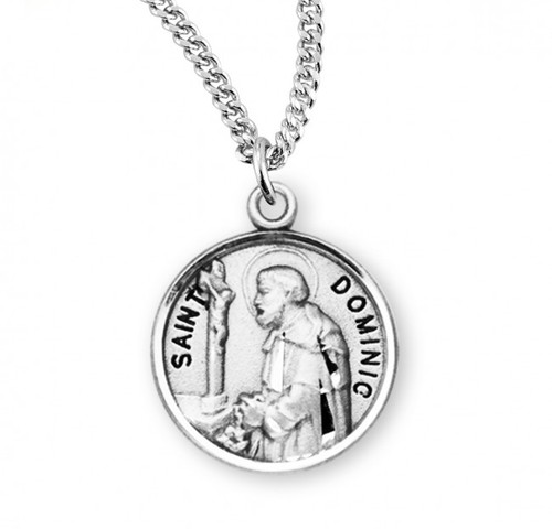 St Dominic Round 7/8" medal. Medal is sterling silver and comes with a 20" genuine rhodium plated curb chain.  Medal presents in a deluxe velour gift box.  Made in the USA. Engraving option available.