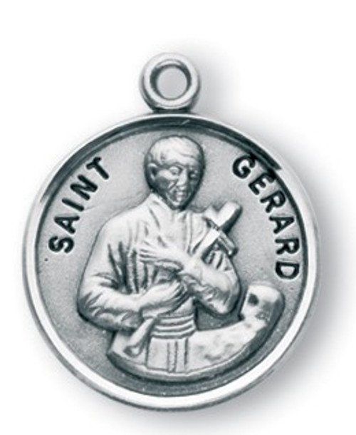 Round Sterling Silver St. Gerard medal/pendant comes on a 20" genuine rhodium plated curb chain. Saint Gerard is the Patron Saint of pregnancy and safe delivery.
Dimensions: 0.8" x 0.7"(21mm x 18mm)
Weight of medal: 3.3 Grams.
Made in the USA.  Engraving Available