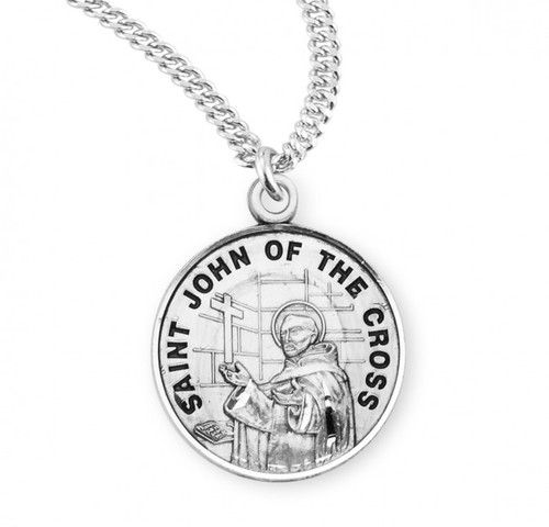 Round St. John of the Cross Sterling silver medal with a 20" genuine rhodium plated chain. Comes in a deluxe velour gift box. Engraving option available. Made in the USA